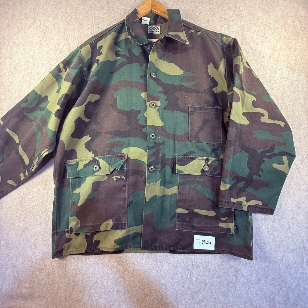 Vintage Gung Ho Mens Woodland Camo Chore Coat Jacket Made in USA Large T1966